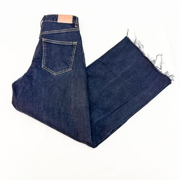 Zara Wide Leg Raw Hem Dark Wash Denim Jeans Contrast Stitch Size 2 MINT - Picture 8 of 8